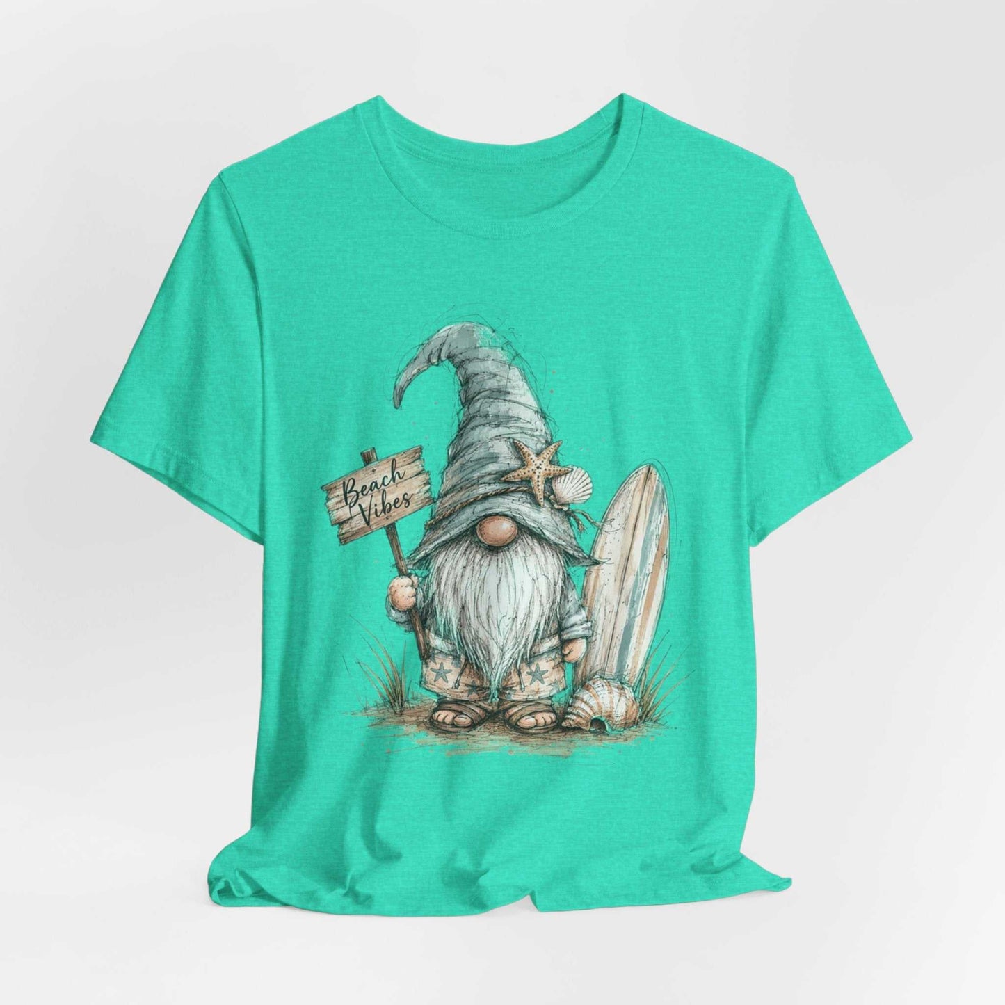 Beach Gnome Shirt with whimsical hand-drawn gnome and seashells on coastal graphic tee