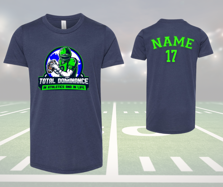 Youth navy blue Total Dominance football shirt with green player graphic and customizable name and number on back