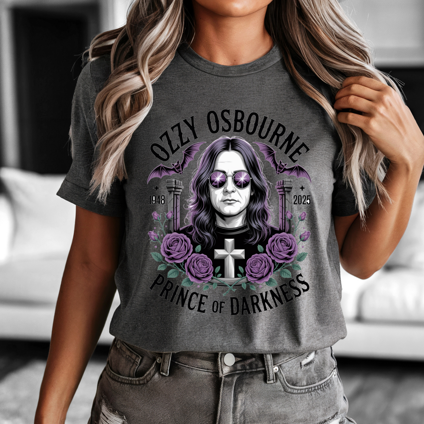 Ozzy Osbourne Prince of Darkness shirt with purple roses and gothic design on gray unisex tee