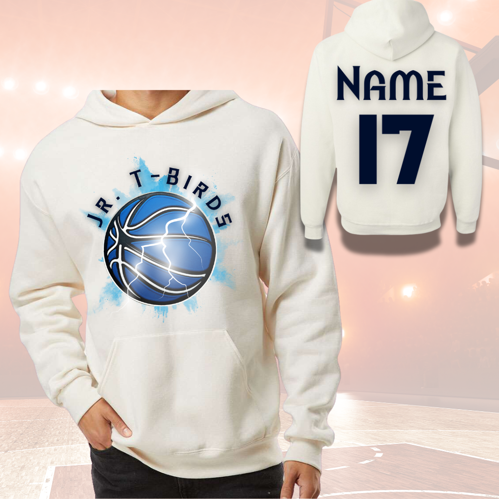 JR TBird Adult Hoodie with personalized team design, front pouch pocket, and T-Birds logo.
