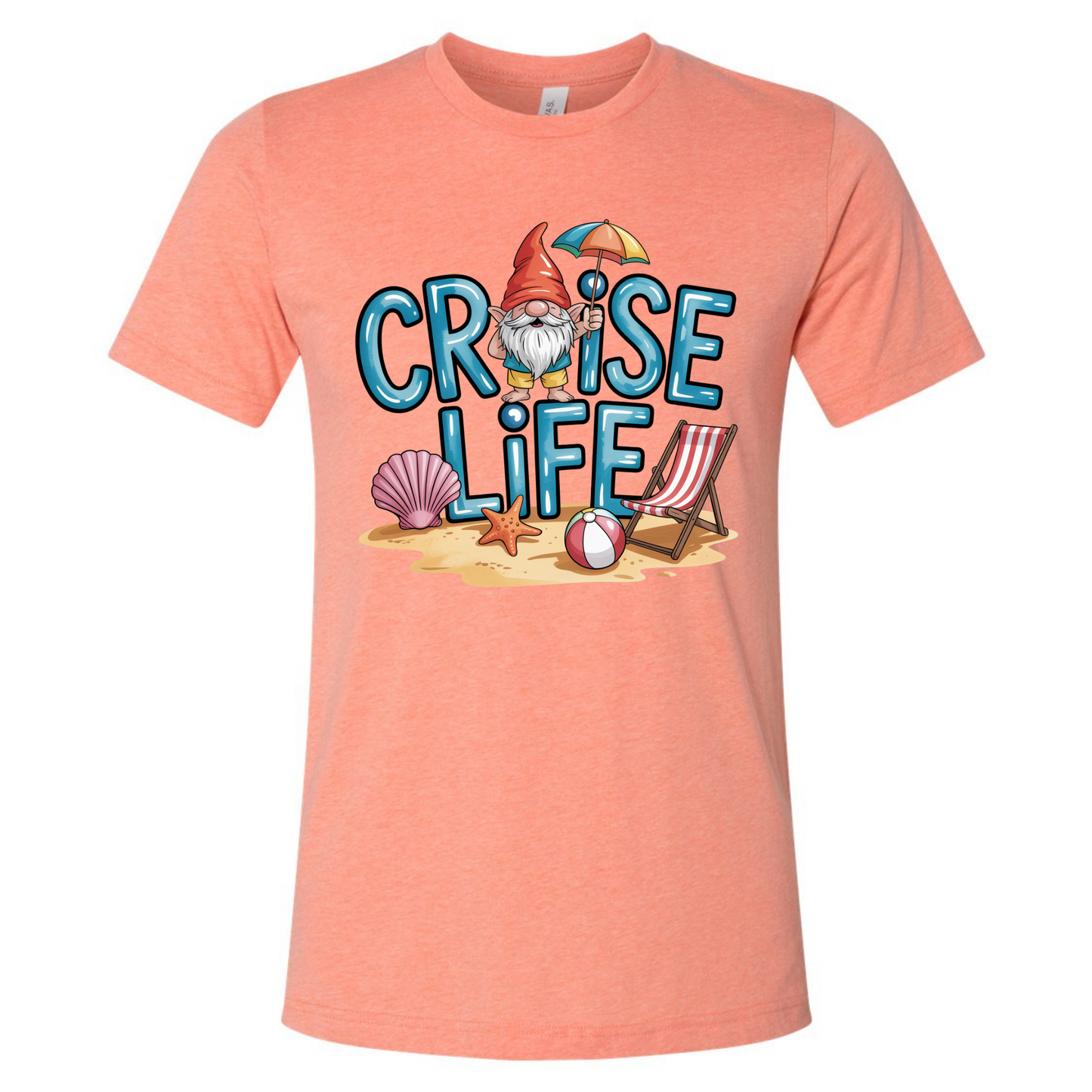 Cruise Life Gnome Shirt with playful gnome design on peach background.