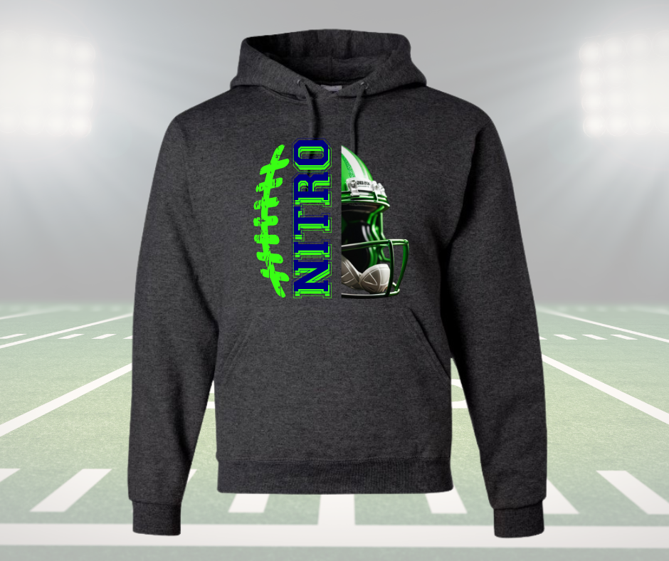Youth unisex Nitro Hoodie with football graphic and customizable back, soft and lightweight for game-day wear
