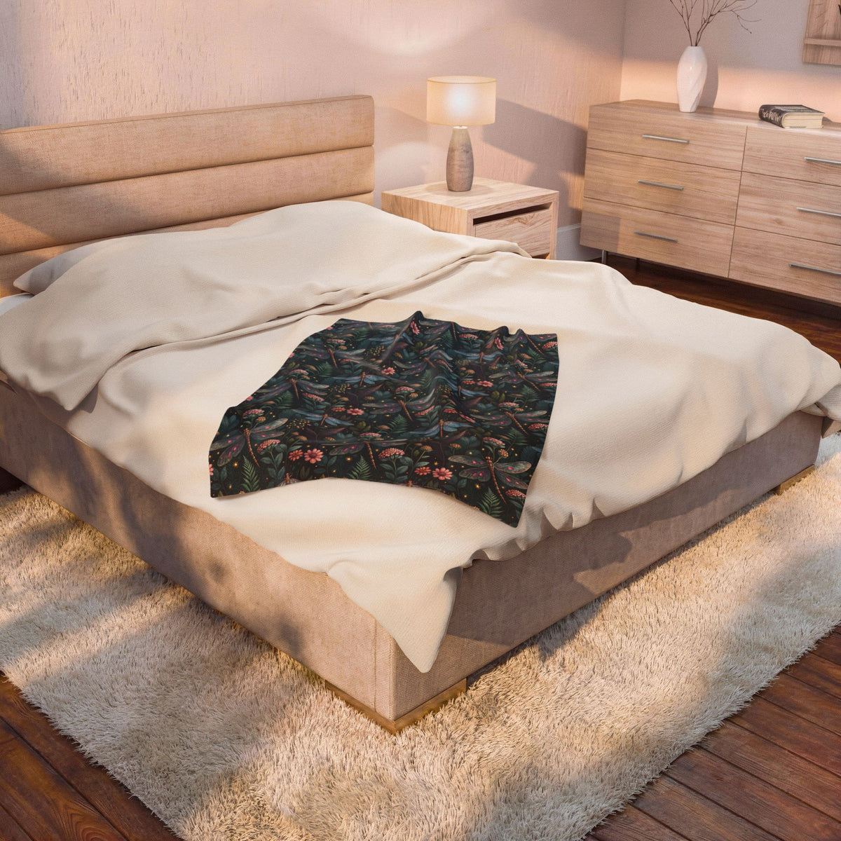Velveteen Plush Blanket — Dark Botanical Dragonfly Throw