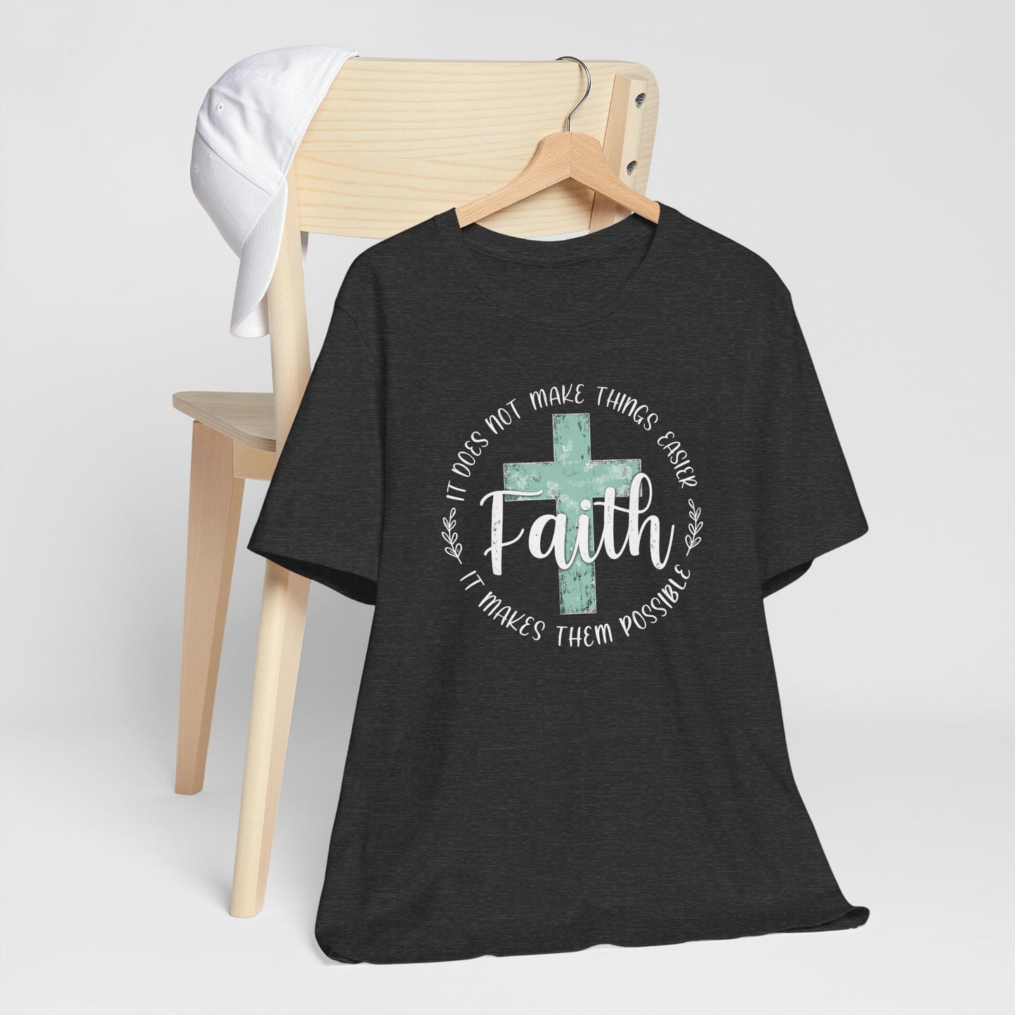 Christian women's Faith Over Fear T-Shirt with distressed cross design and inspirational message