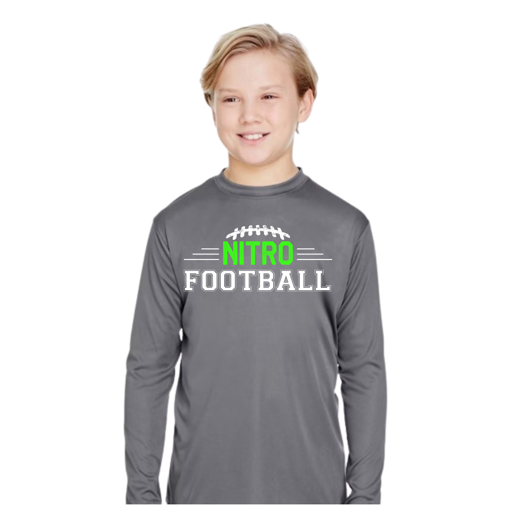Youth wearing gray long sleeve Nitro football shirt made from moisture-wicking polyester