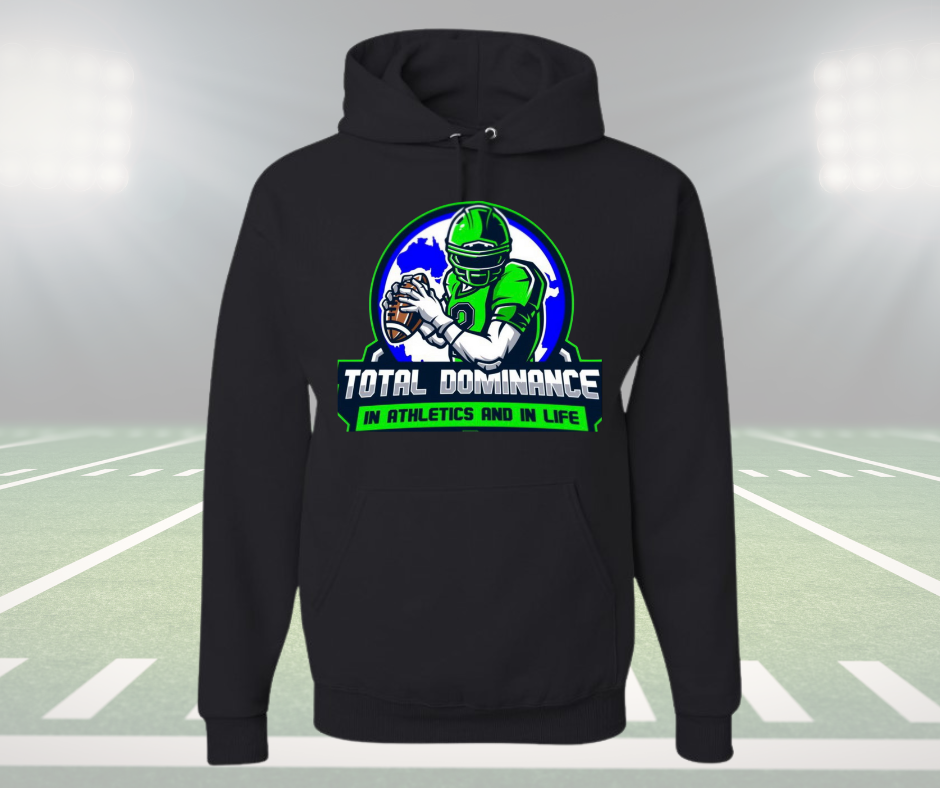 Black youth Nitro Hoodie with green and blue football player graphic and "Total Dominance in Athletics and in Life" text on front