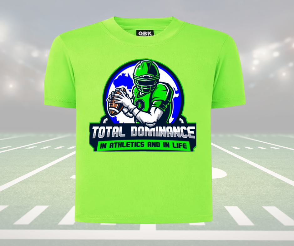 Youth neon green football shirt with Total Dominance graphic and quarterback design for Nitro football