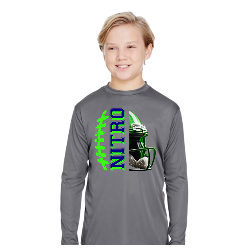 Youth wearing gray long sleeve Nitro shirt with green and blue football helmet graphic