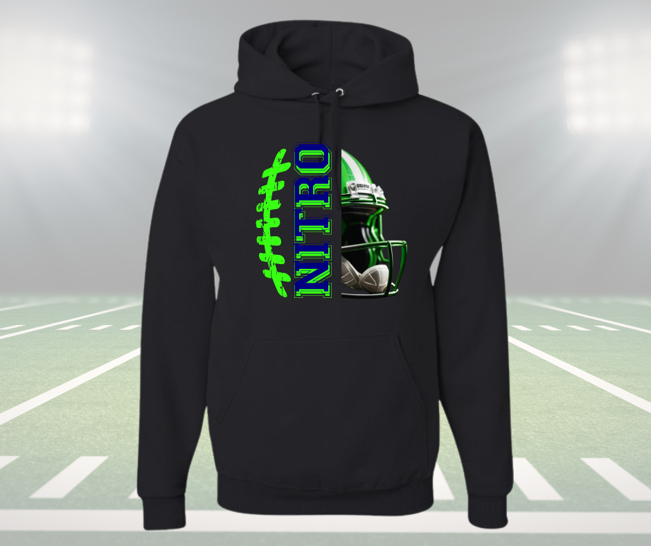 Youth black Nitro Hoodie with green and blue football graphic and helmet design, lightweight and customizable.
