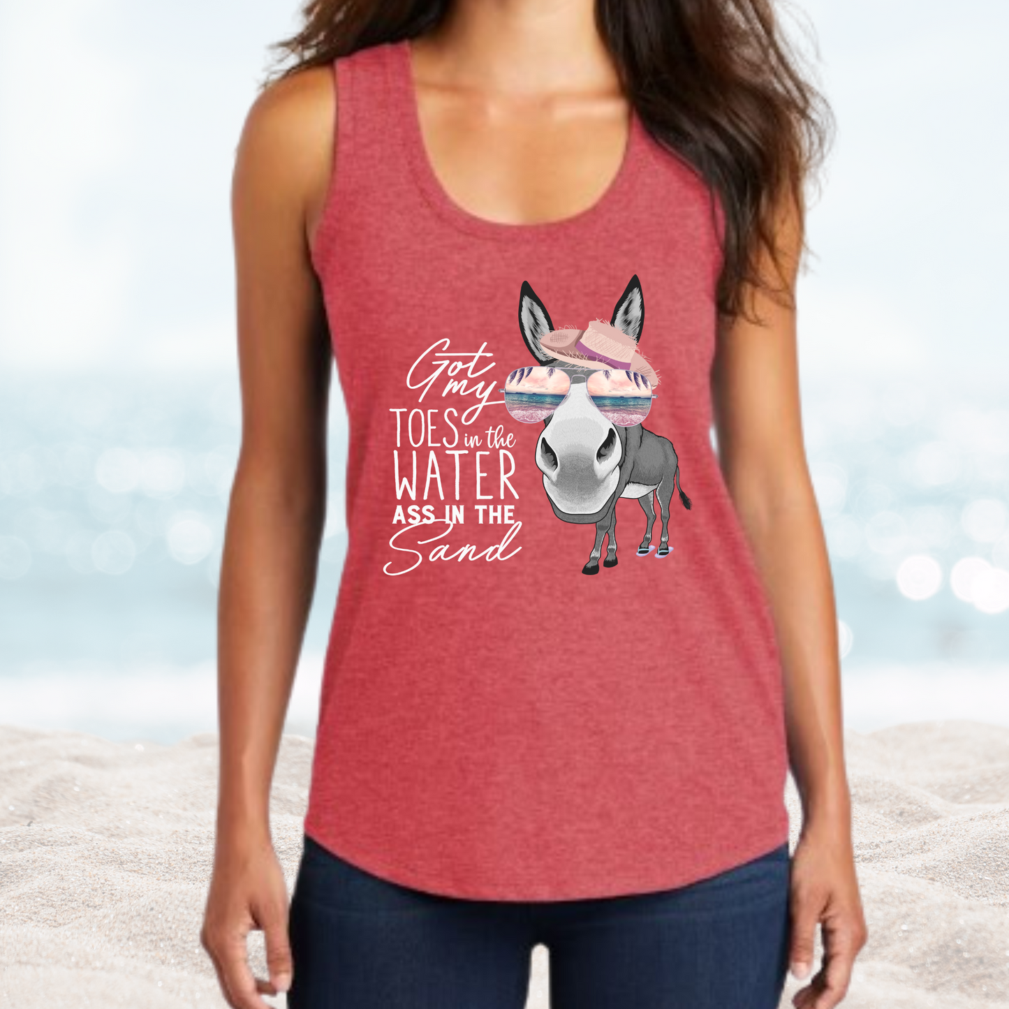 Woman wearing red Vacation Toes in the Water Ass in the Sand tank top with a donkey graphic and beach theme design