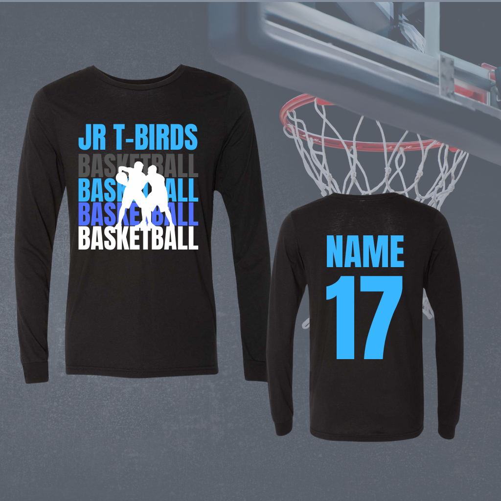 Youth Long Sleeve Tee with personalized name and number, basketball design in black, ultra-soft fabric.