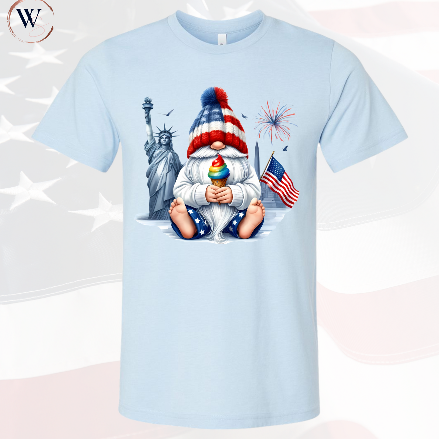 Gnome Statue of Liberty Shirt featuring patriotic gnome and eagle design.