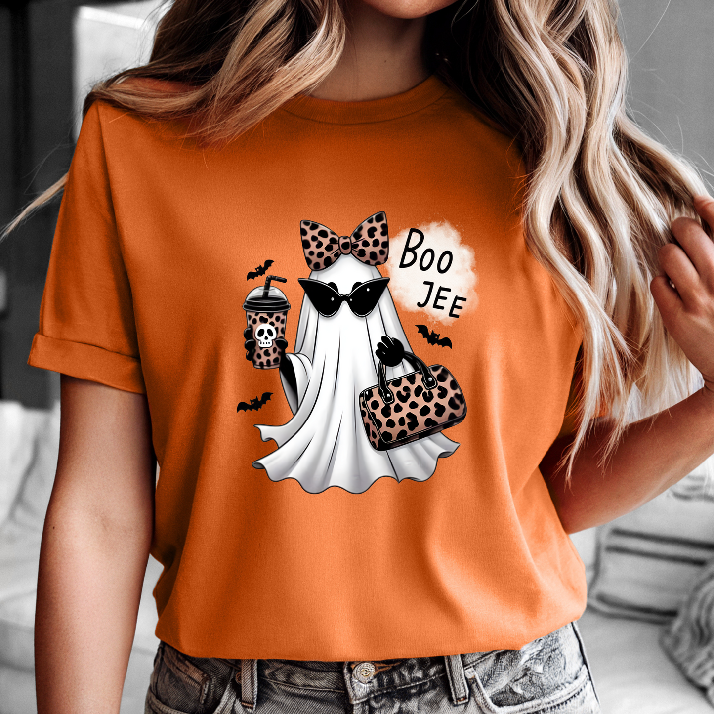 Ghost Halloween Boo Jee with Leopard Tee Shirt