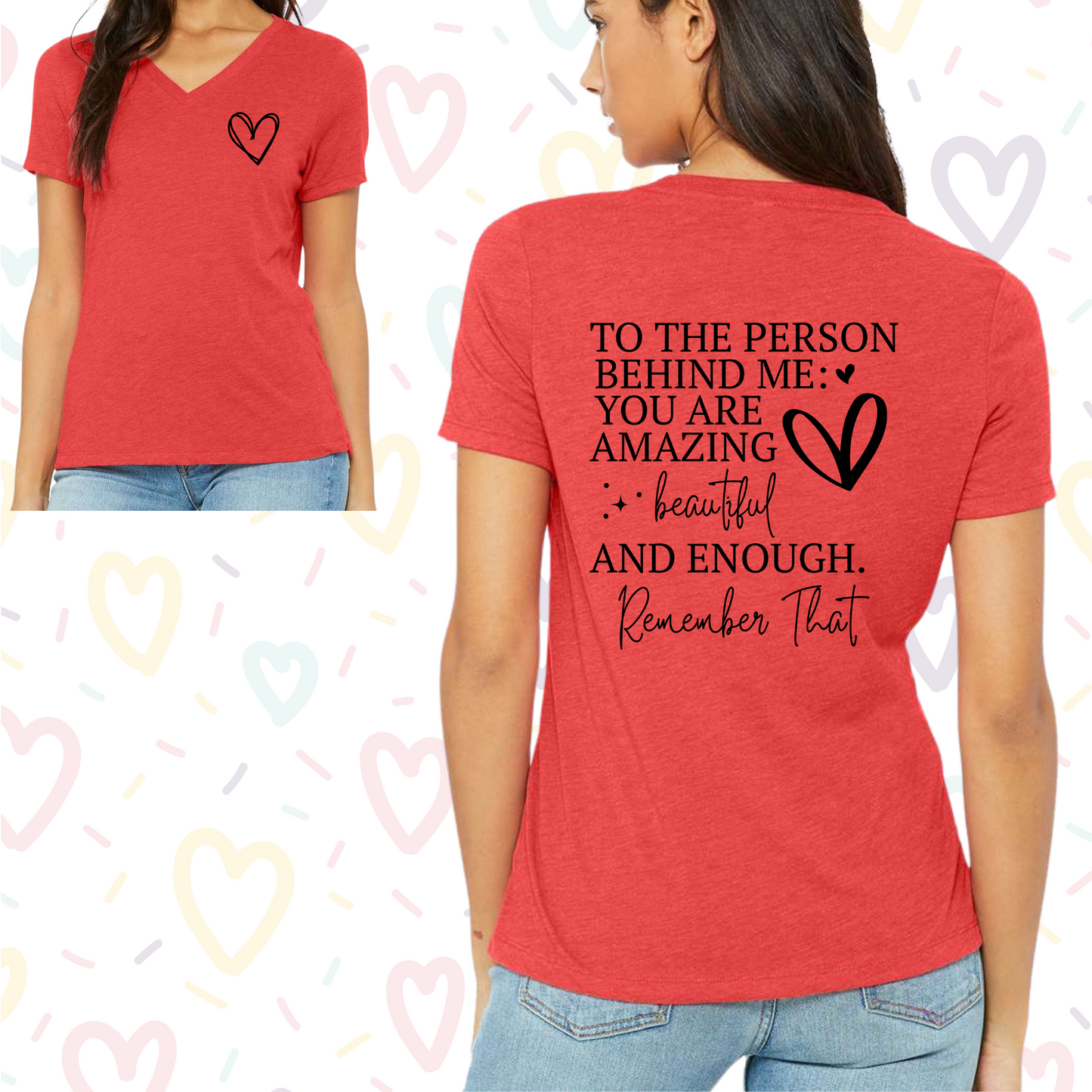 Red women's V-neck shirt with "You Are Enough" inspirational message on the back.