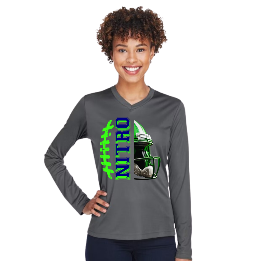 Woman wearing gray Long Sleeve Nitro Football shirt with green and blue football helmet design