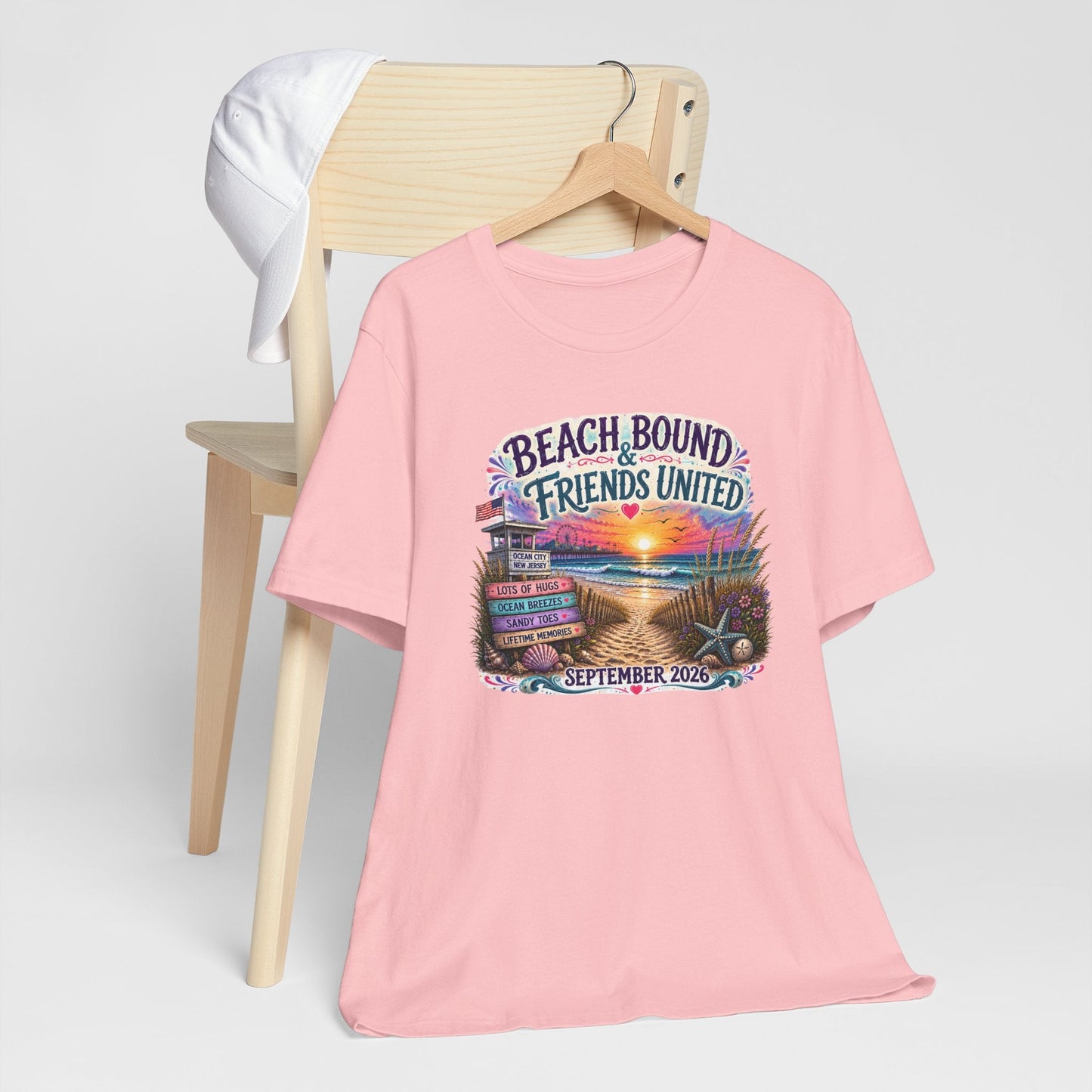 Beach Bound & Friends United Ocean City 2026 friendship tee with seaside sunset and beach path design