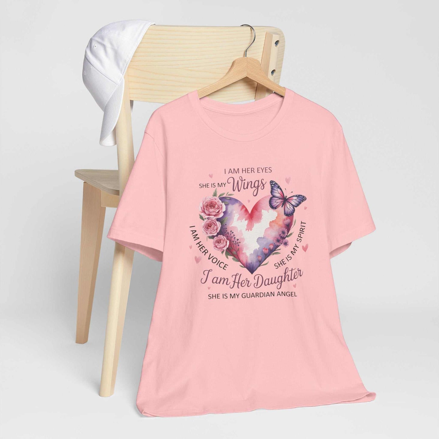 I Am Her Daughter memorial shirt with butterfly and floral watercolor design on soft Bella + Canvas tee