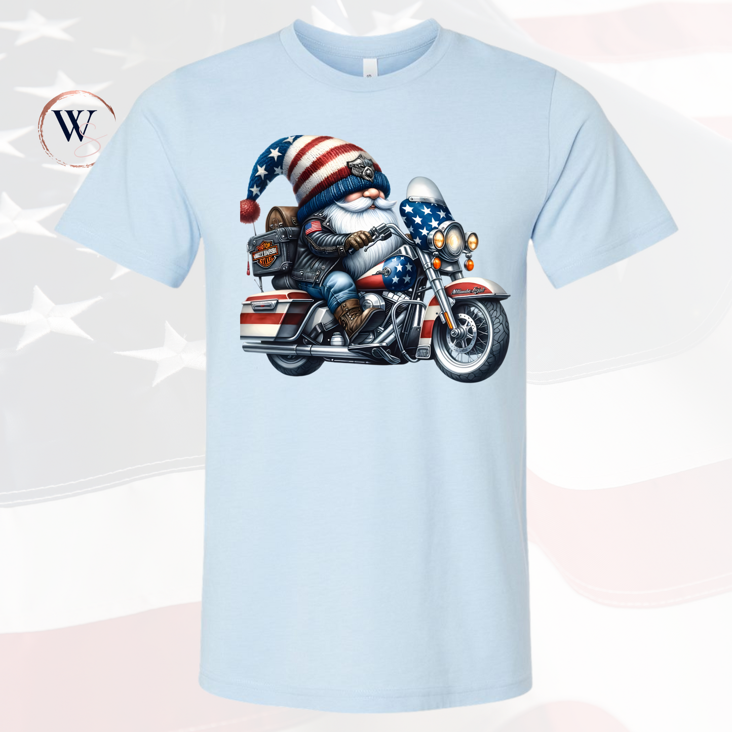 Gnome riding a Harley t-shirt with patriotic design.