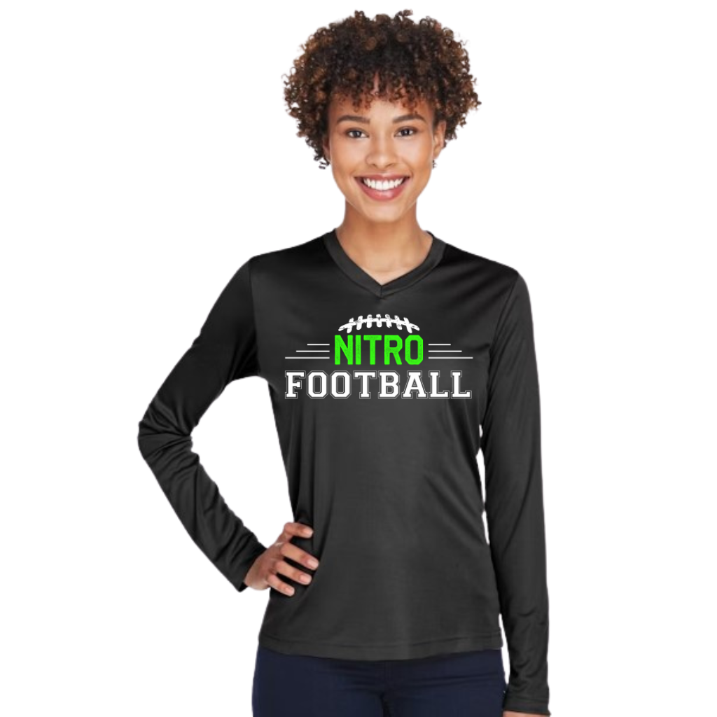 Woman wearing black Long Sleeve Nitro Football performance shirt with moisture-wicking and UV protection
