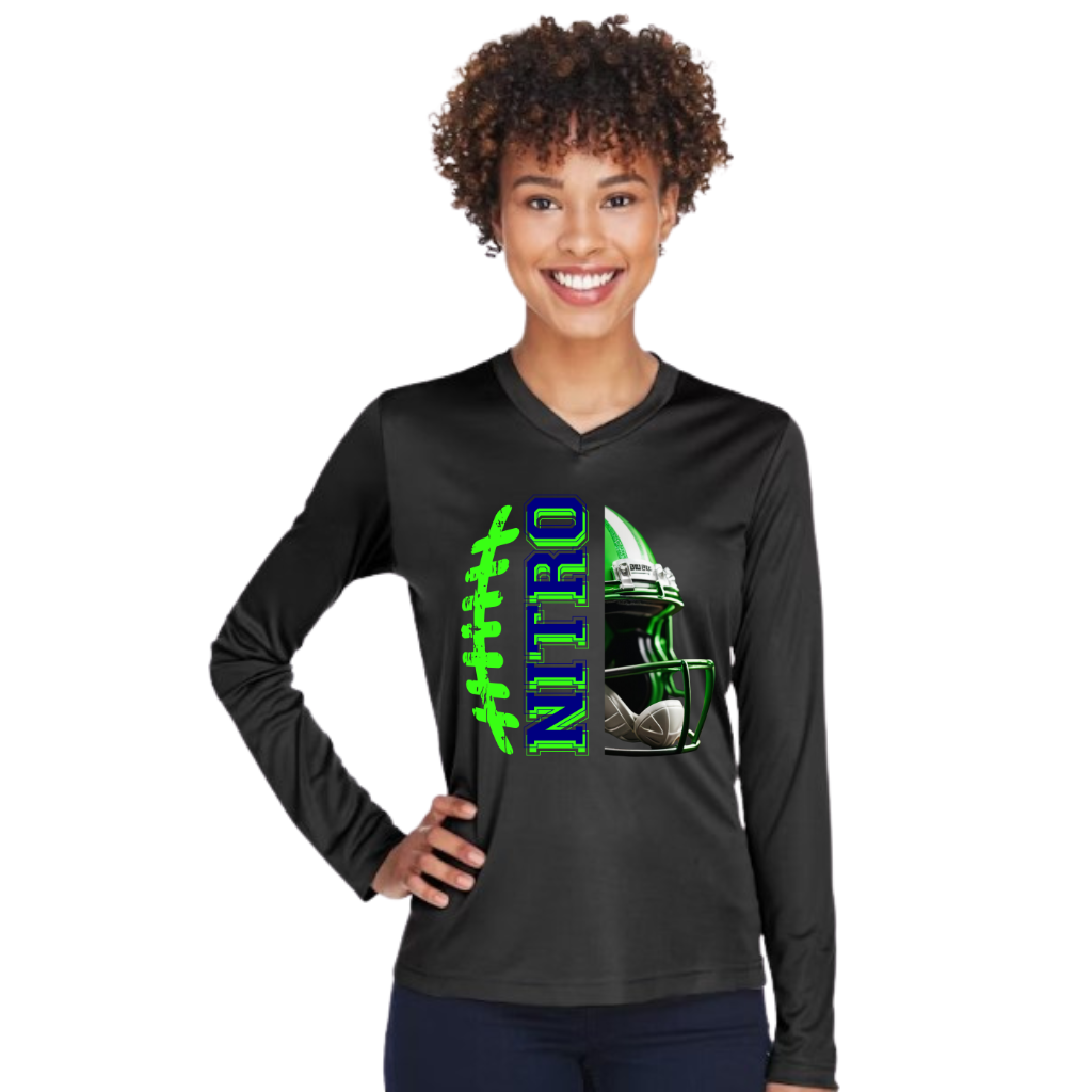 Woman wearing black Long Sleeve Nitro Football shirt with green and blue football helmet design