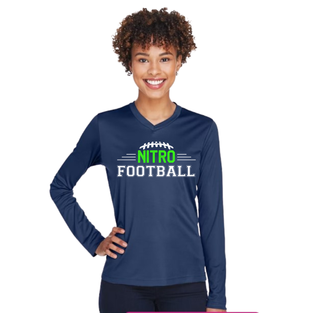 Woman wearing navy Long Sleeve Nitro Football shirt with moisture-wicking fabric and UV protection