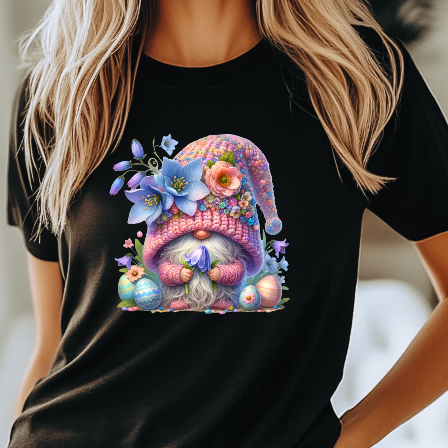 Easter Gnome Shirt with colorful gnome and eggs design.
