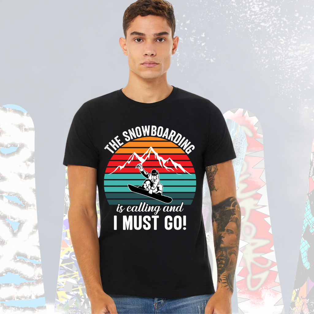 Unisex snowboarding tee "Snowboarding is Calling I Must Go" Tee Shirt for men and women, featuring a classic crew neck and mountain design.