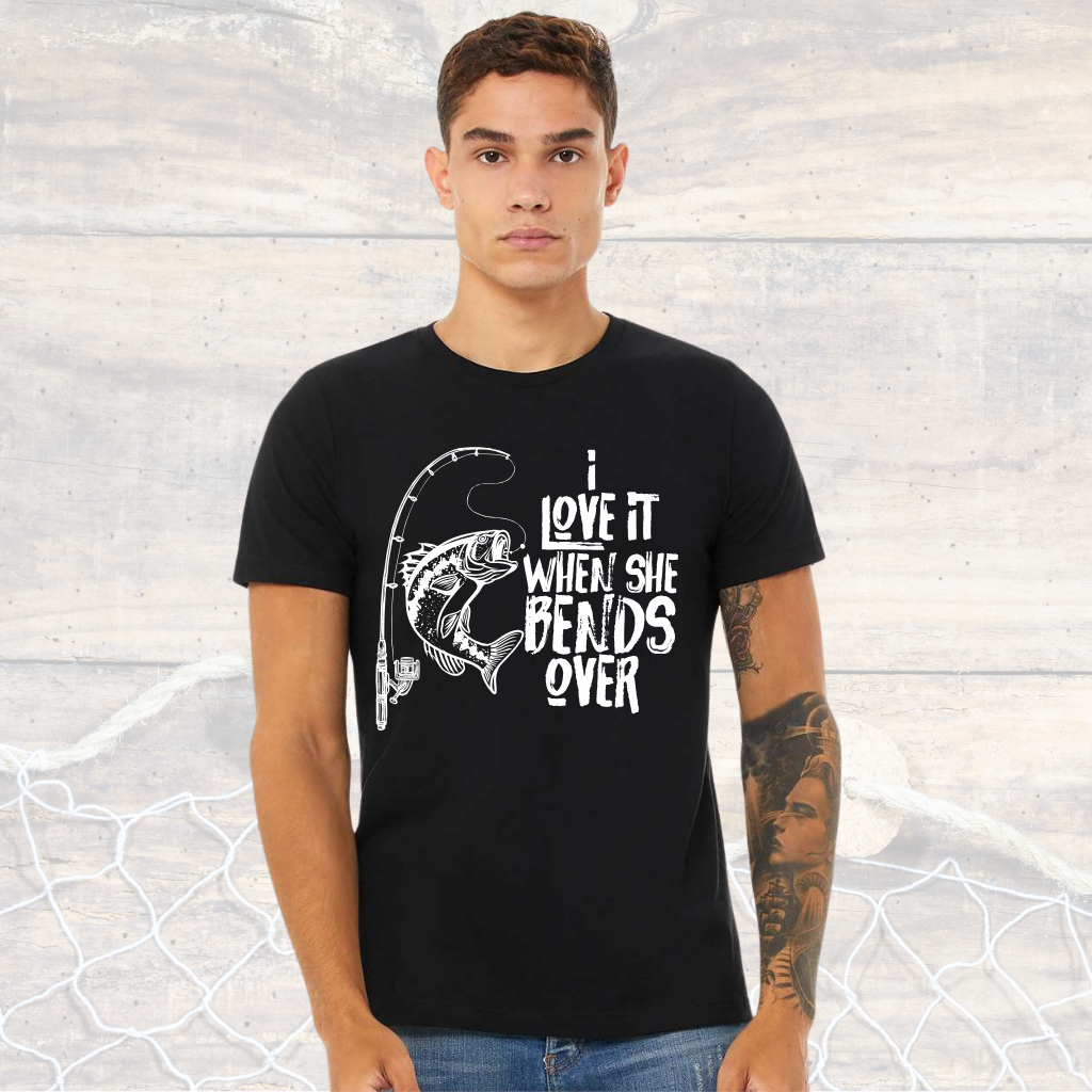 funny fishing tee shirt with humorous design featuring a fish and bent fishing pole