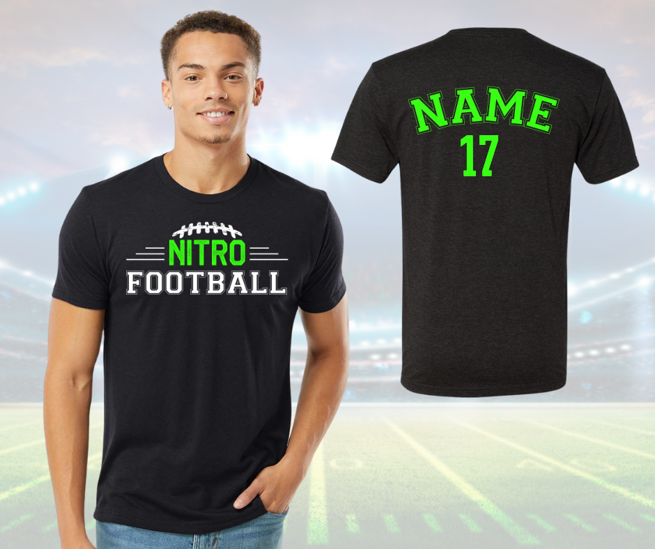 Black unisex Nitro Shirt with green and white football-themed print front and customizable name and number on back