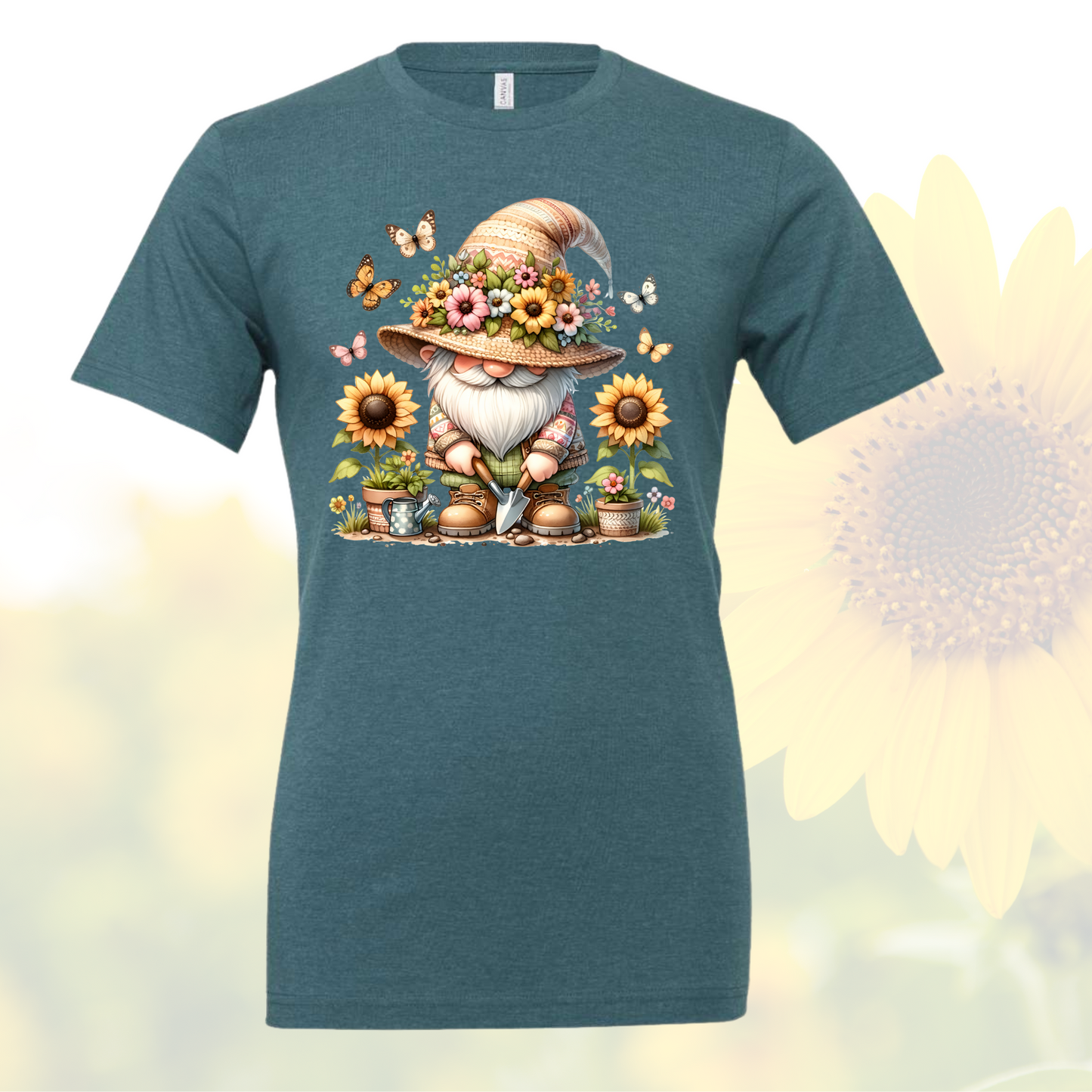 Unisex cream shirt featuring a gnome with butterflies and sunflowers.