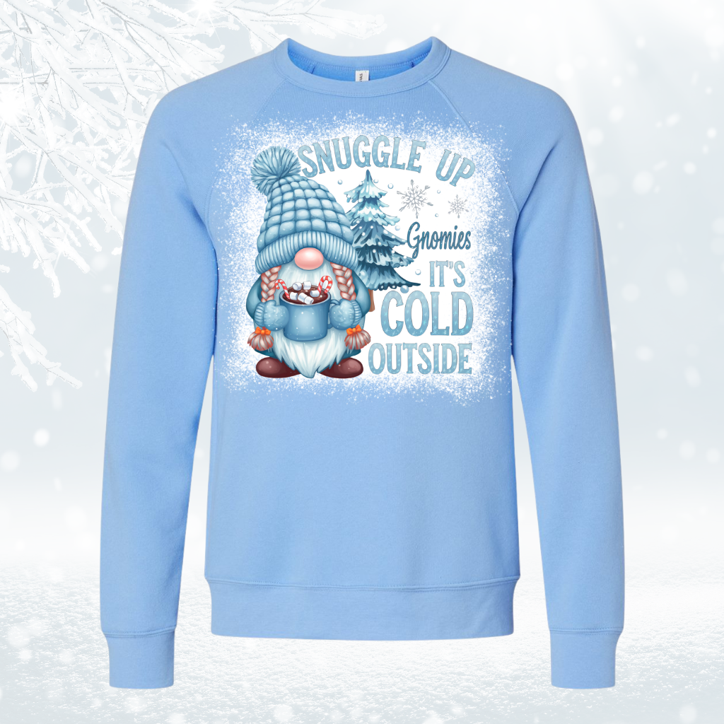 Winter-themed blue sweatshirt with gnome design, "Gnome It's Cold Outside" text.