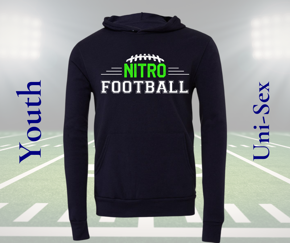 Youth unisex Nitro Football Hoodie in black with green and white football graphic and front pocket