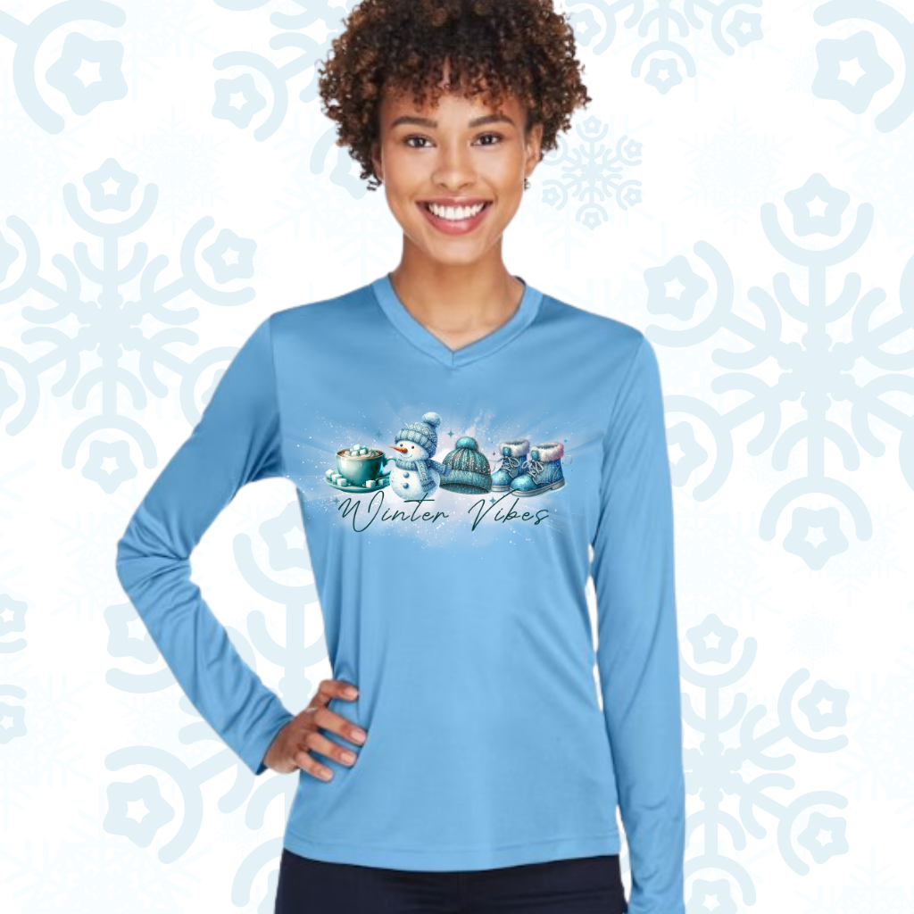 Winter Vibes V-neck shirt, blue, moisture-wicking, polyester fabric.
