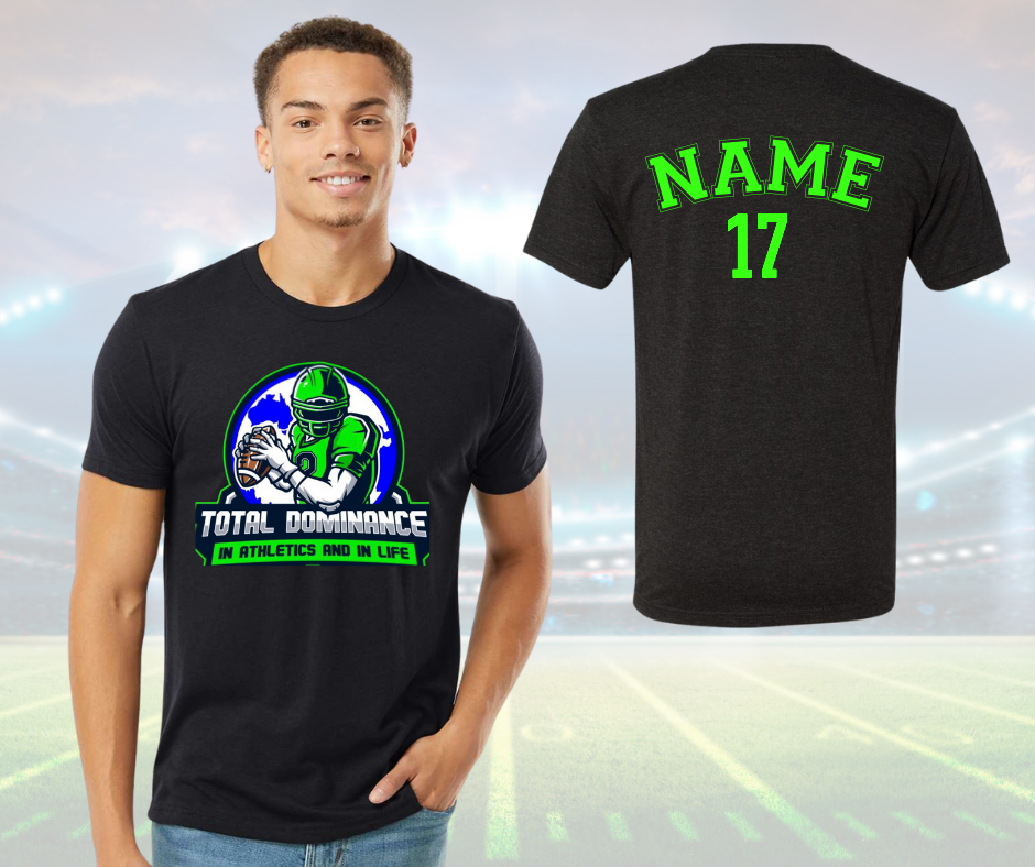 Black Total Dominance youth football shirt with green and blue logo and customizable name and number on back