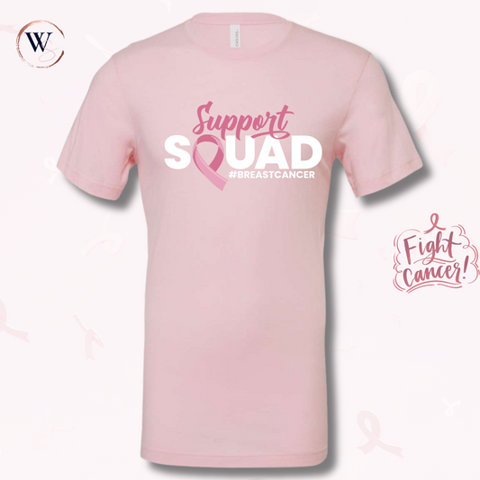 breast cancer support shirt in pink with "Support Squad" design