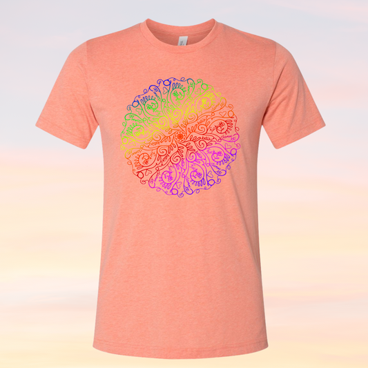 Orange shirt with colorful mandala design, promoting the Mature Zetangle Shirt.