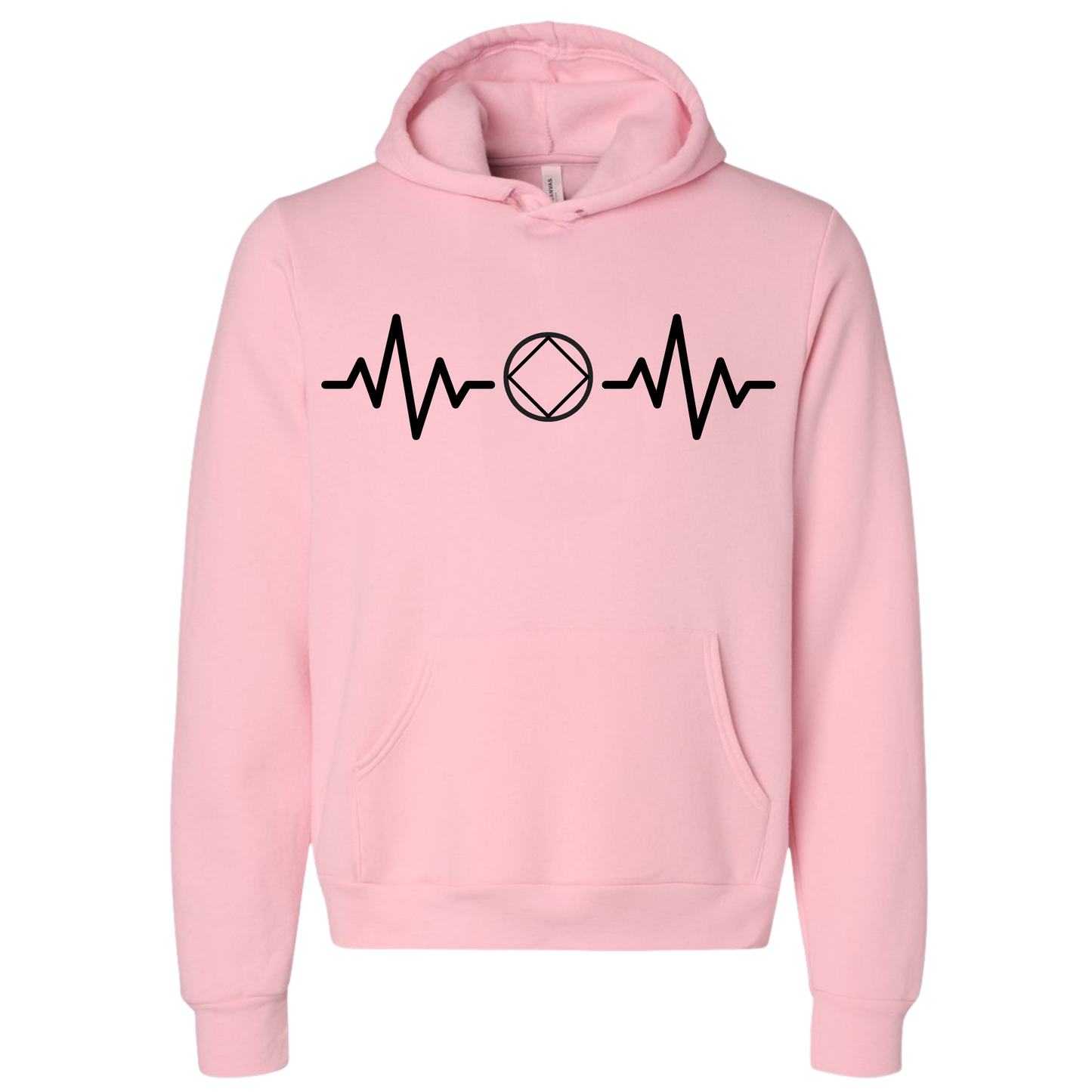 Narcotics Anonymous Heartbeat Hoodie with iconic logo in pink.