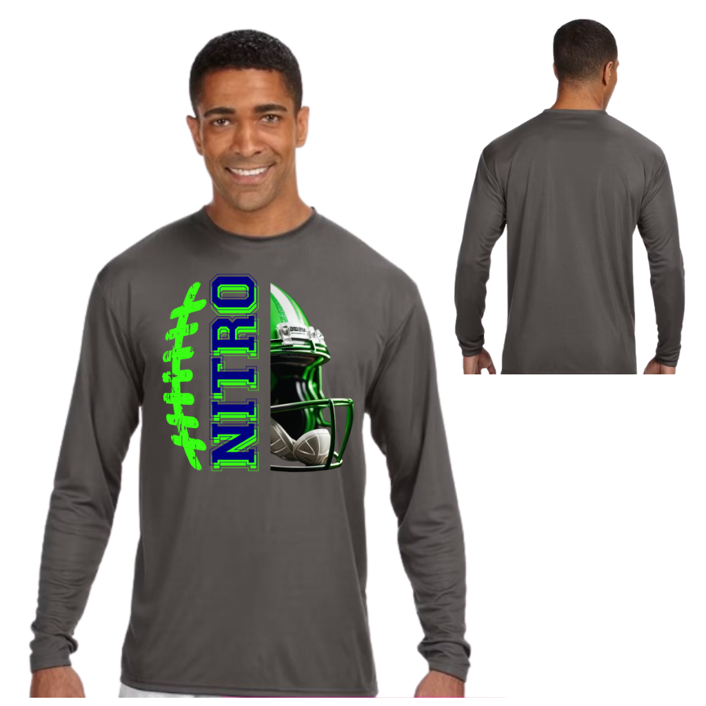 Men's Long Sleeve Nitro Football T-shirt in gray with moisture-wicking polyester fabric and graphic print on front