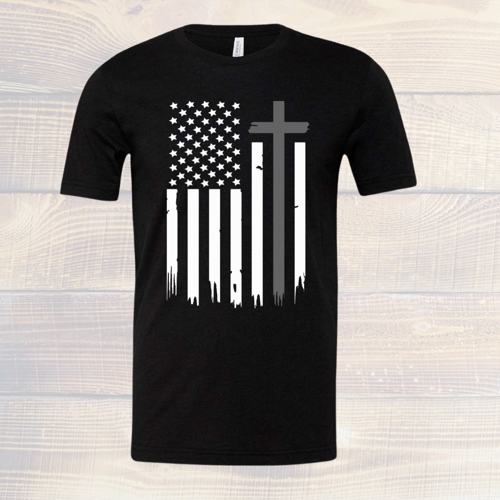 American Flag Cross Tee Shirt with patriotic and faith design on black fabric.