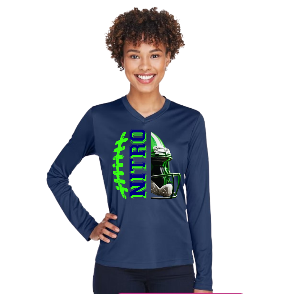 Woman wearing navy Long Sleeve Nitro Football shirt with green and white helmet graphic and text design
