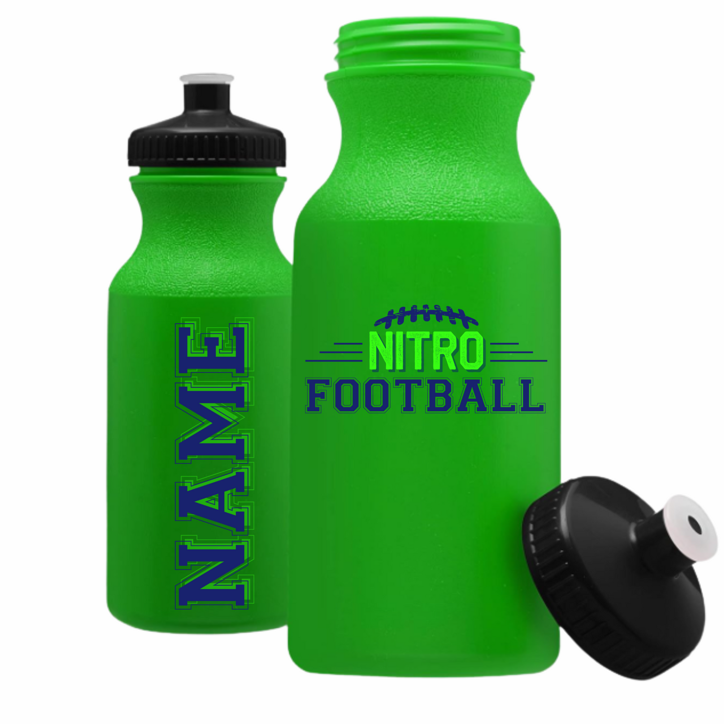 Neon green 20 oz Nitro Water Bottle with customizable name and football logo, BPA-free with push-pull lid.