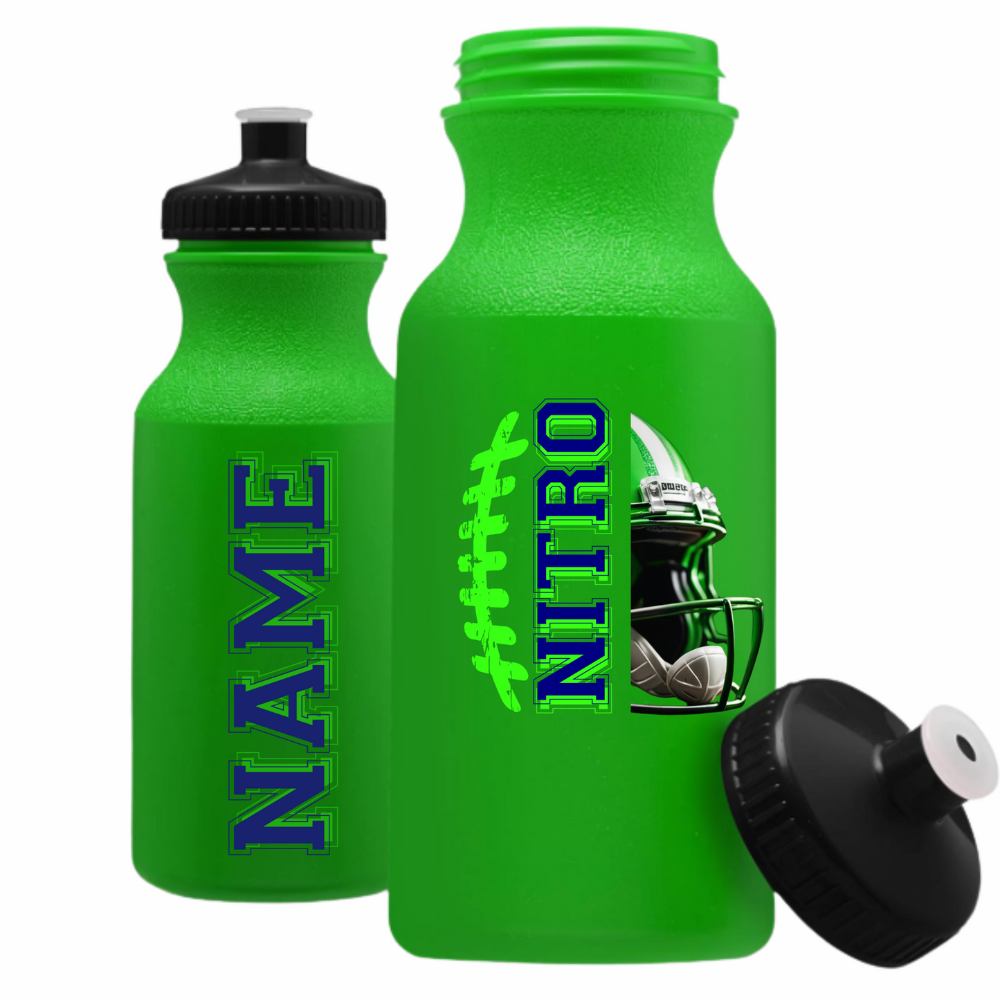 Neon green 20 oz Nitro Water Bottle with customizable logo, name, and black push-pull lid, made of BPA-free shatter-resistant plastic.