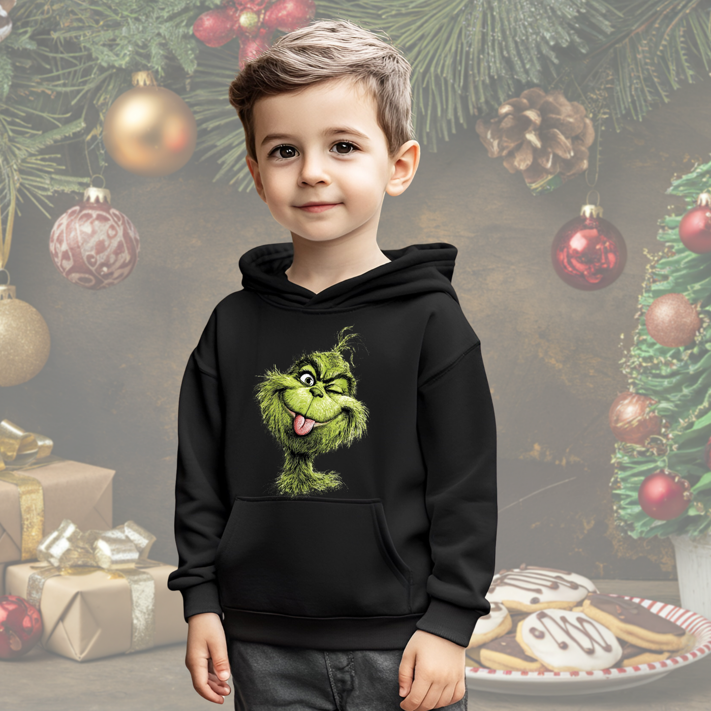 Youth Winking Grinch Hoodie – Soft, Cozy & Full of Holiday Fun!