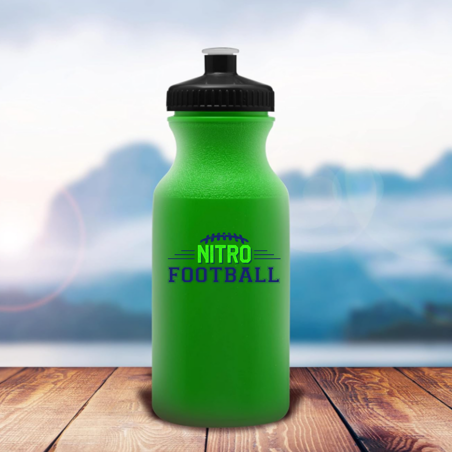 Green 20 oz. Nitro Water Bottle with push-pull lid and customizable Nitro Football logo.