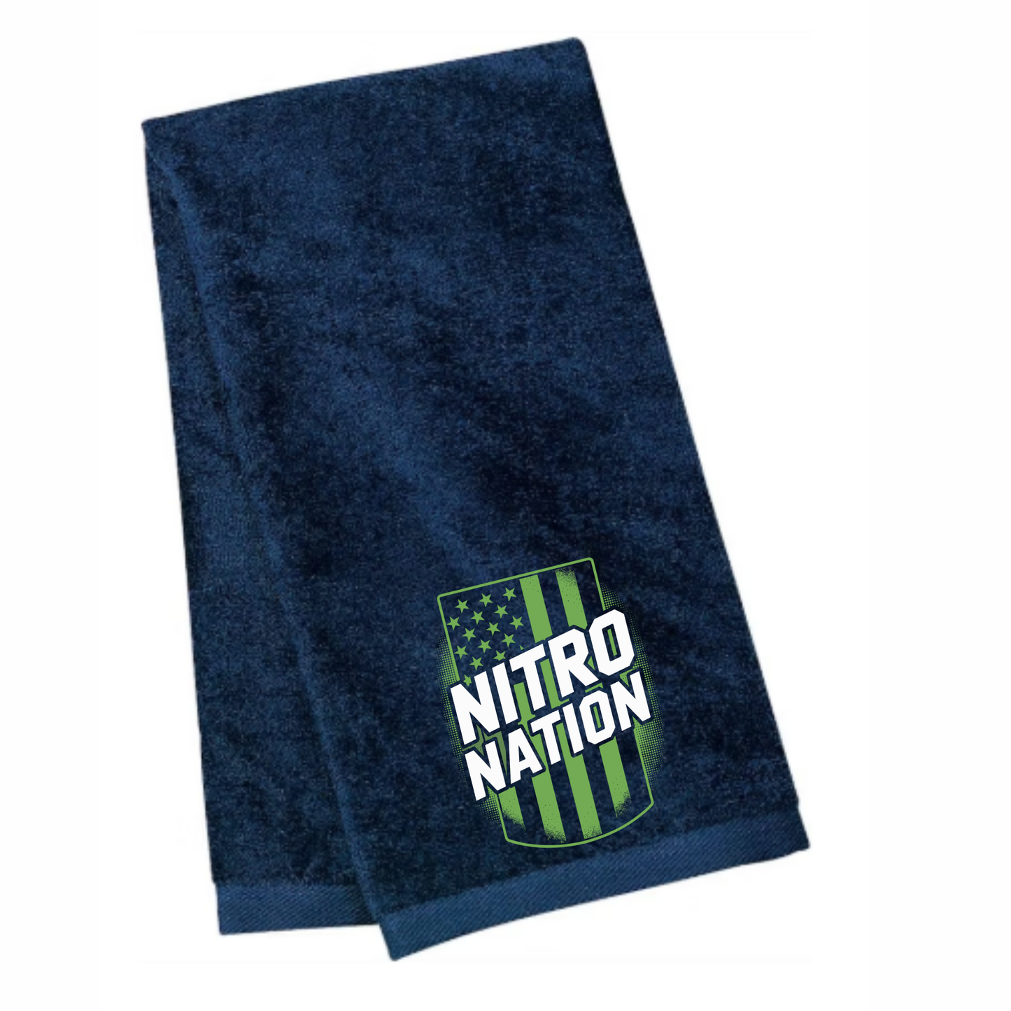 Navy Nitro Sweat Towel with Nitro Nation logo, 100% cotton, 16x26 inches, durable hem, customizable for team use
