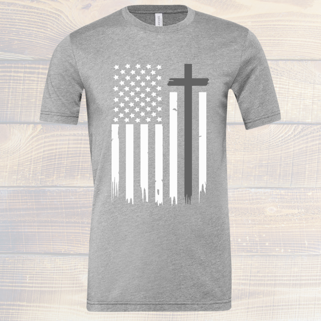 American Flag Cross Tee Shirt displaying a flag and cross design on soft fabric.