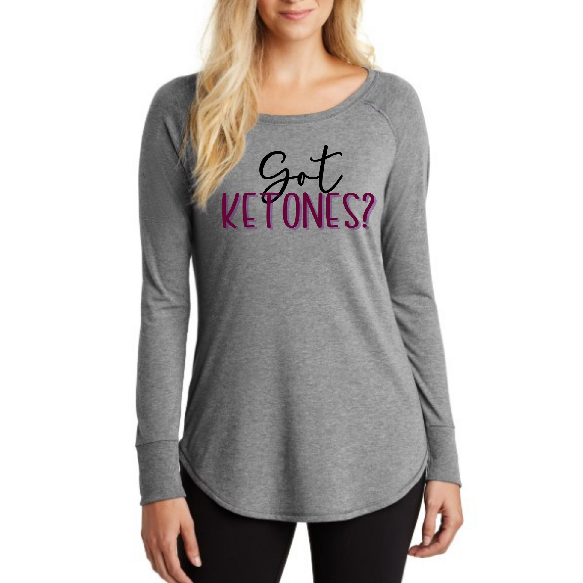 keto t shirt Women's Got Ketones shirt, gray long-sleeve tunic, soft tri-blend fabric.