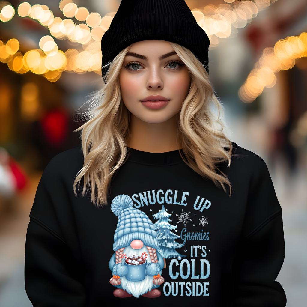 Gnome It's Cold Outside Sweatshirt with winter-themed design.