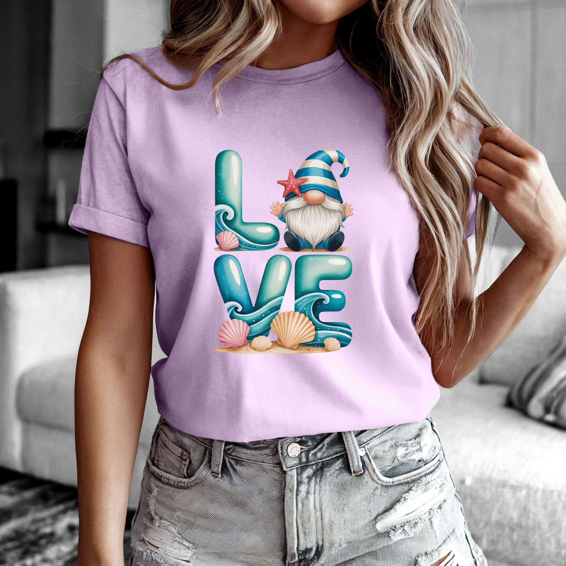 Love Beach Gnome Tee featuring cozy oversized fit and whimsical design.