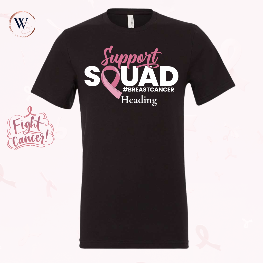 breast cancer support shirt with pink ribbon design